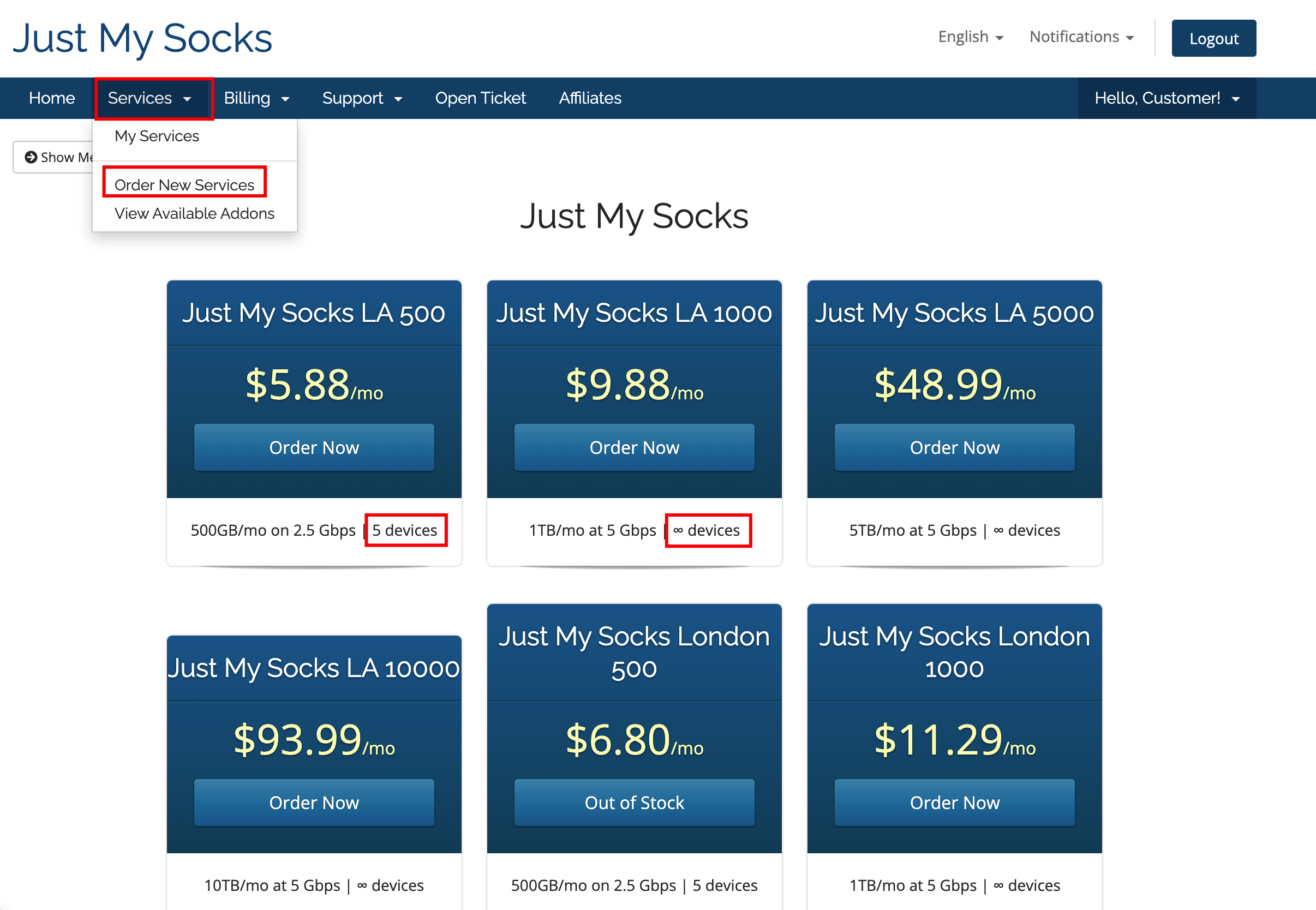 Just My Socks plan selection page