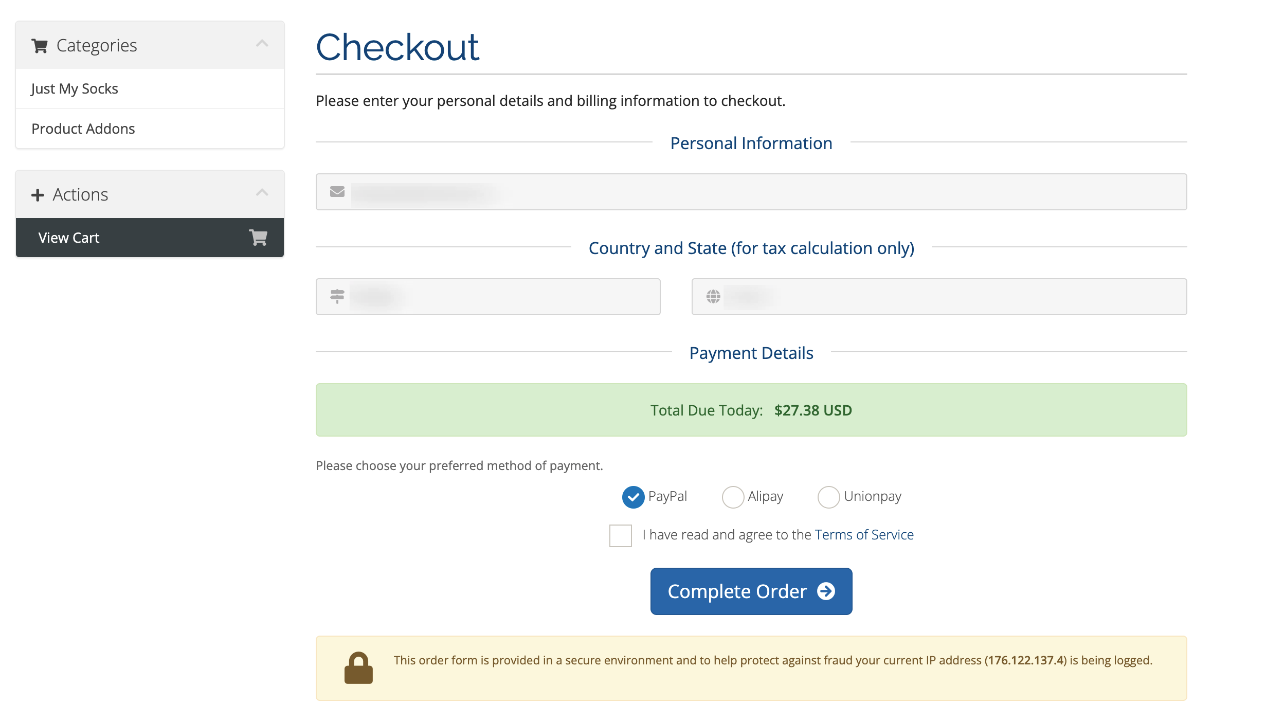 Just My Socks checkout page