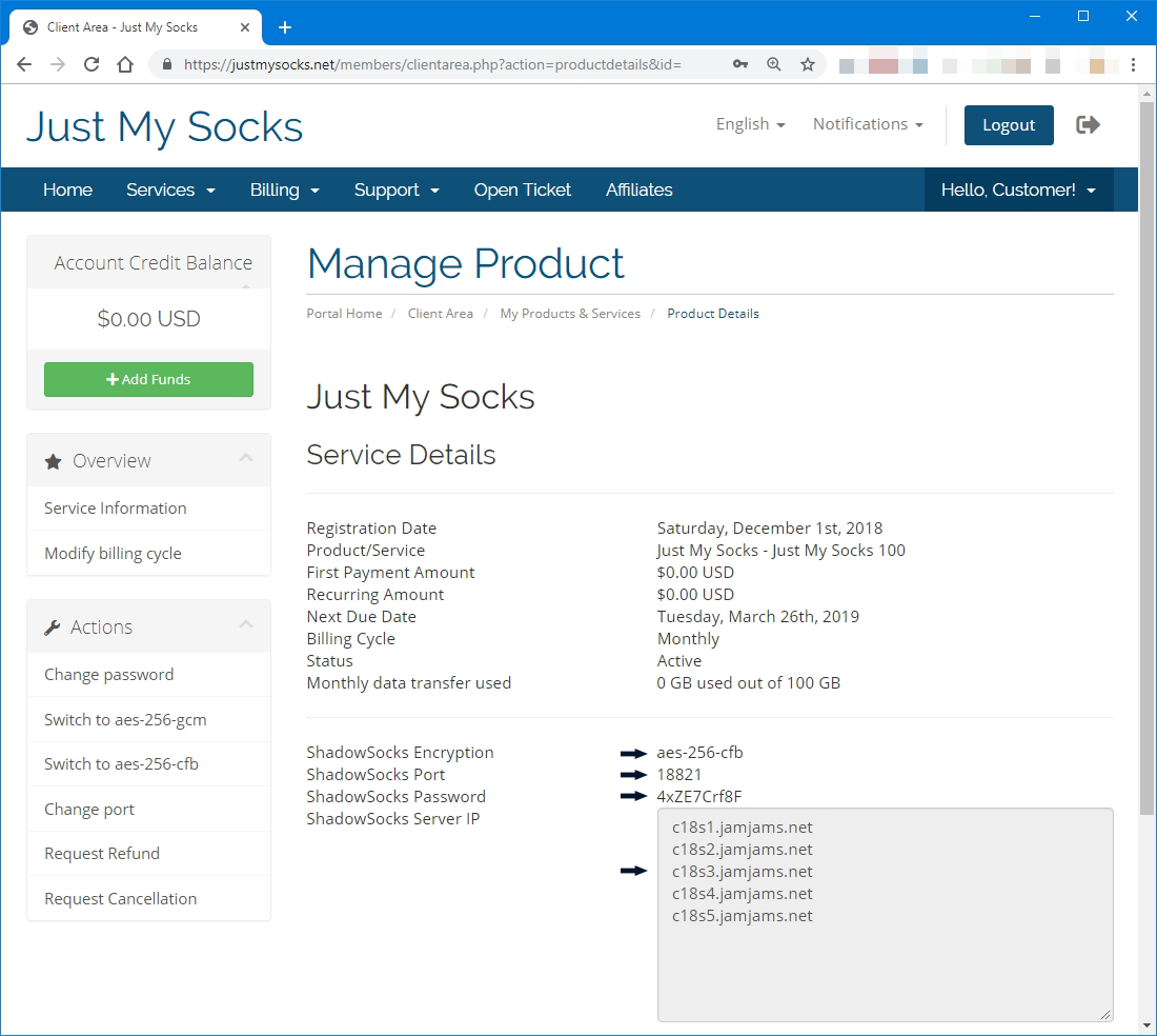 Example service details page